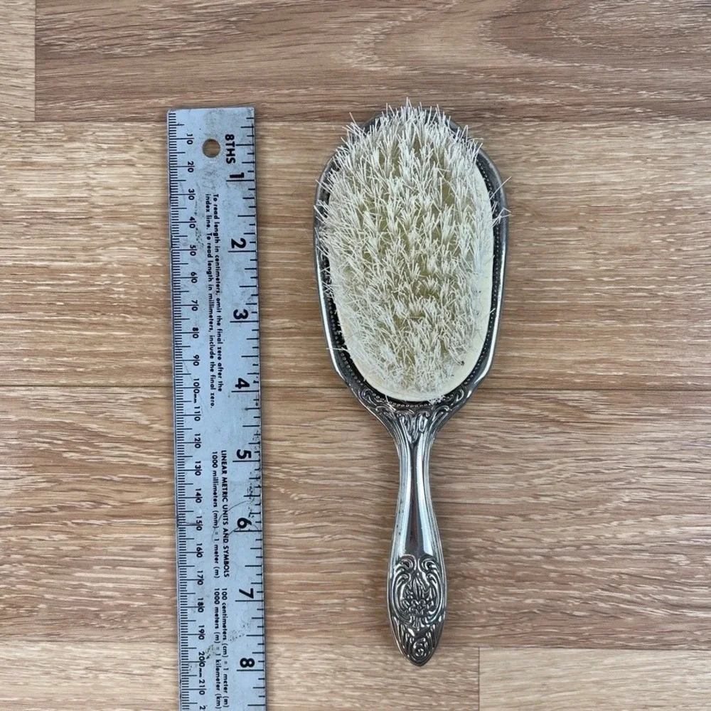 Vintage Silver Tone Embossed Floral Hand Mirror and Hair Brush Vanity Set 2pc